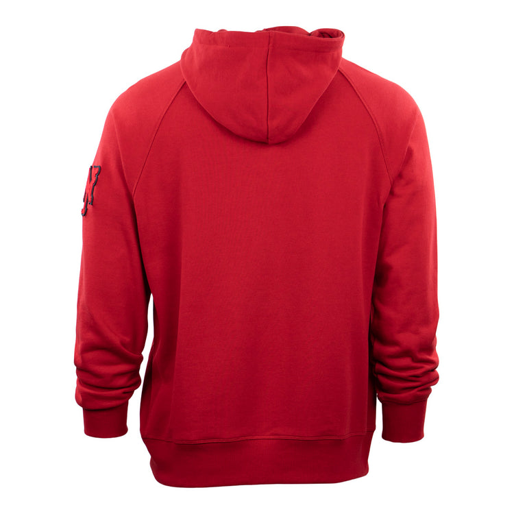 The EFF New York Cubans French Terry Script Hooded Sweatshirt is a plain red hoodie with long sleeves, ribbed cuffs, and a hood, featuring an embroidered nod to the legendary Negro National League team on the upper left sleeve.