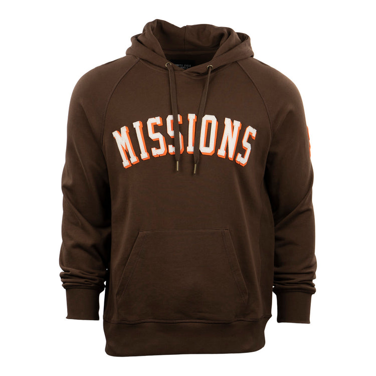 The EFF San Antonio Missions French Terry Script Hooded Sweatshirt features a brown design, front pocket, and bold white and orange MISSIONS lettering—ideal for fans of San Antonio baseball and Texas League heritage.