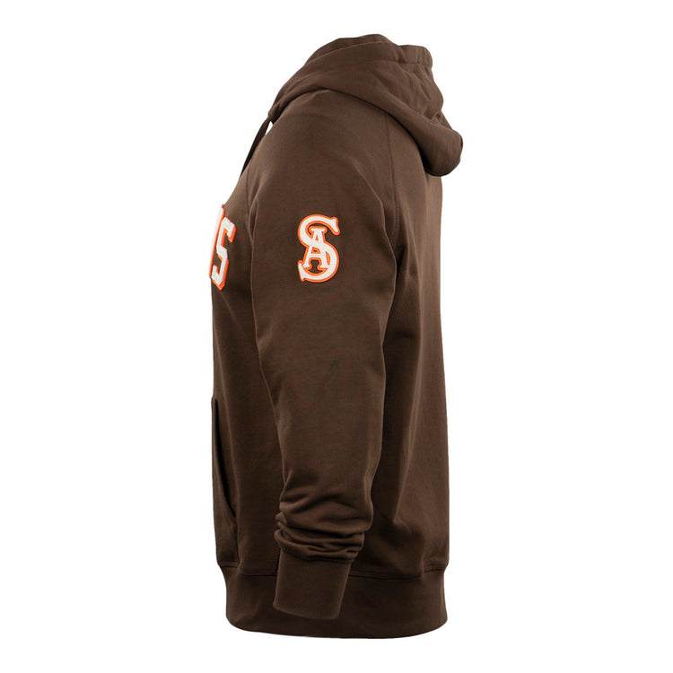 Side view of the EFF San Antonio Missions French Terry Script Hooded Sweatshirt in brown, featuring a front pocket, an embroidered orange and white SA logo on the sleeve, and partially visible orange script on the chest.