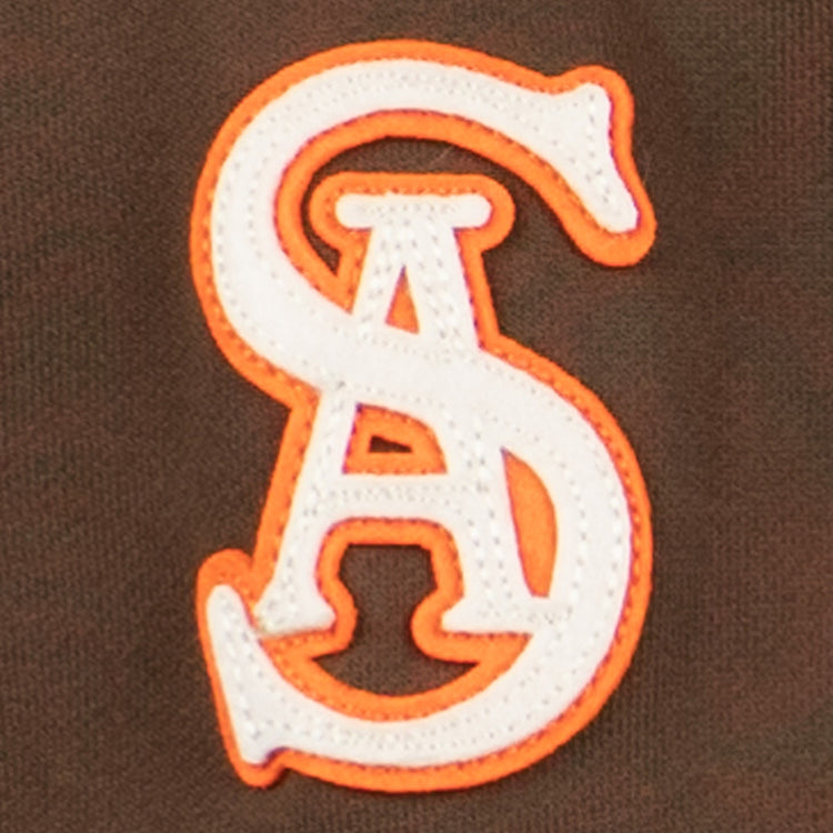 The EFF San Antonio Missions French Terry Script Hooded Sweatshirt features a white and orange embroidered S & A on dark brown fabric, inspired by classic Texas League baseball style.