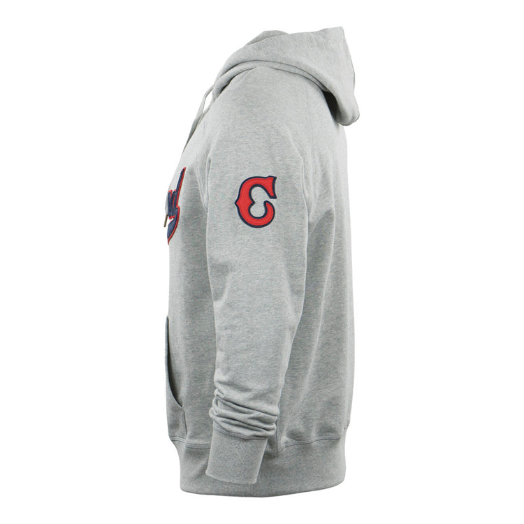 The EFF Cleveland Buckeyes French Terry Script Hooded Sweatshirt in light gray features a red and navy C patch on the upper sleeve, ribbed cuffs and hem, front pockets, a hood up, and subtle League Park-inspired details.