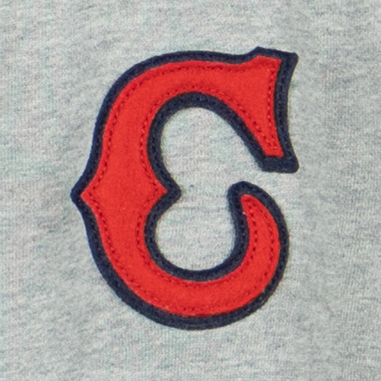 A large red letter C with a dark blue outline, inspired by the Cleveland Buckeyes, accents the light gray EFF Cleveland Buckeyes French Terry Script Hooded Sweatshirt.