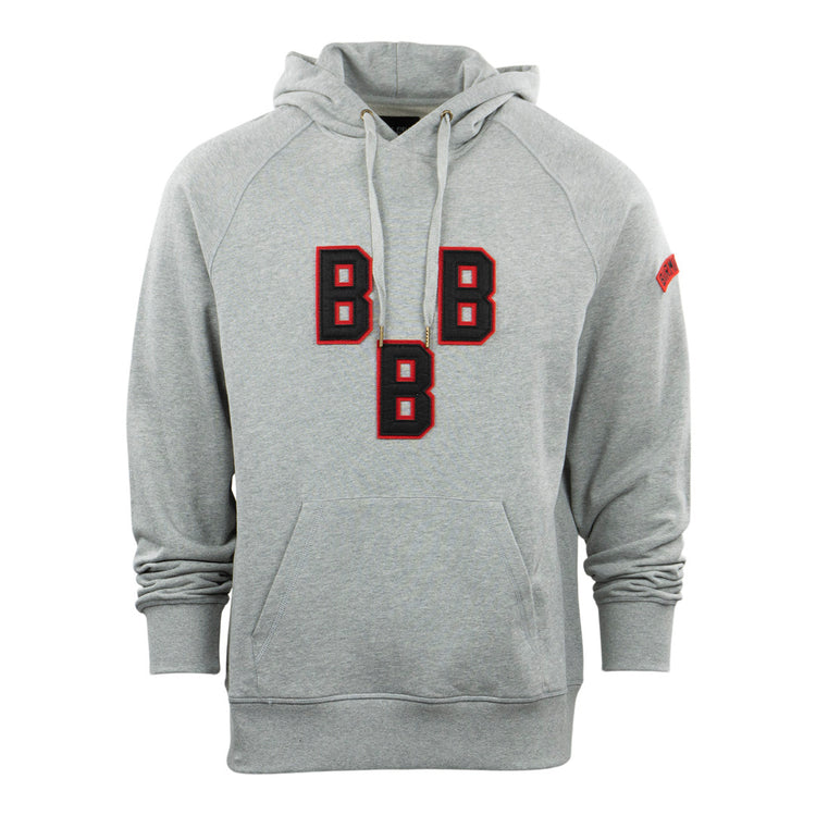 The EFF Birmingham Black Barons French Terry Script Hooded Sweatshirt is a gray hoodie with a front pocket, drawstring hood, and bold black-and-red B letters on the chest, honoring the Negro National League team. A small red detail accents the left sleeve.