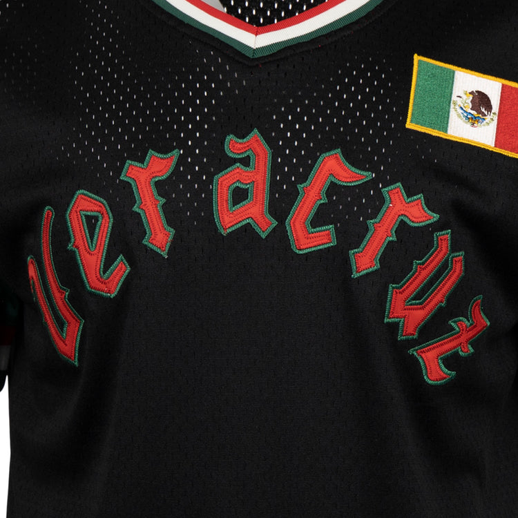 The EFF Veracruz Azules Vintage Inspired Replica V-Neck Mesh Jersey features bold Veracruz lettering in red and green, plus a small Mexican flag patch on the right shoulder—a tribute to the Mexican League’s rich legacy.