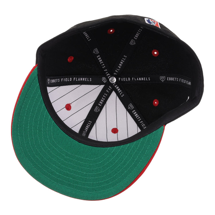 A top-down view of the inside of an EFF Philadelphia Stars NLB Flip Fitted Ballcap shows red stitching, a green brim underside, pinstripe lining, and EBBETS FIELD FLANNELS branding on the inner bands.