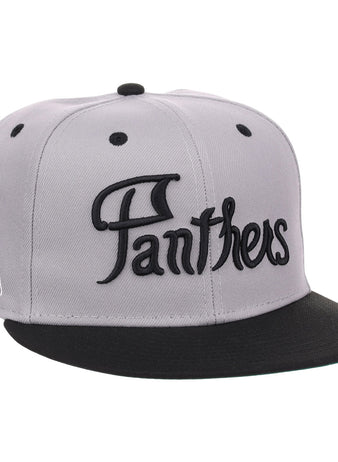 The EFF Montreal Black Panthers NLB Flip Fitted Ballcap in gray features a black brim, bold embroidered Panthers text up front, and a detailed black panther head on the side for a vintage-inspired look.