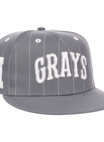 The EFF Homestead Grays NLB Black Pinstripe Fitted Ballcap features thin white stripes, bold GRAYS embroidery on the front, and a white H on the side, honoring the legendary Negro National League team.