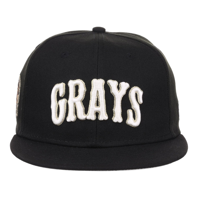 The EFF Homestead Grays Josh Gibson Fitted Ballcap in black features bold white embroidered GRAYS lettering on the front, inspired by the classic Negro Leagues design.