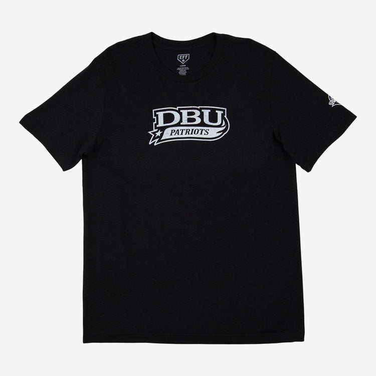 The EFF Dallas Baptist University T-Shirt is a black unisex short-sleeve tee featuring DBU PATRIOTS in bold white letters across the chest. Ideal for fans, its shown laid flat on a white background.