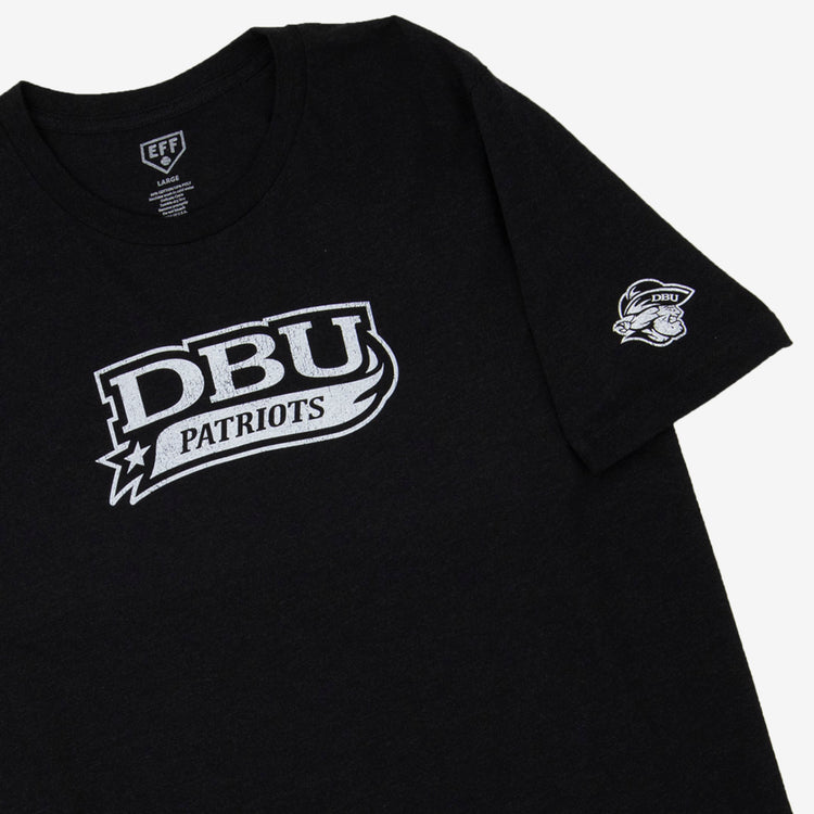 The EFF Dallas Baptist University T-Shirt features a bold white DBU PATRIOTS logo on the chest and a small mascot head with DBU text on the left sleeve—perfect for fans of collegiate baseball.