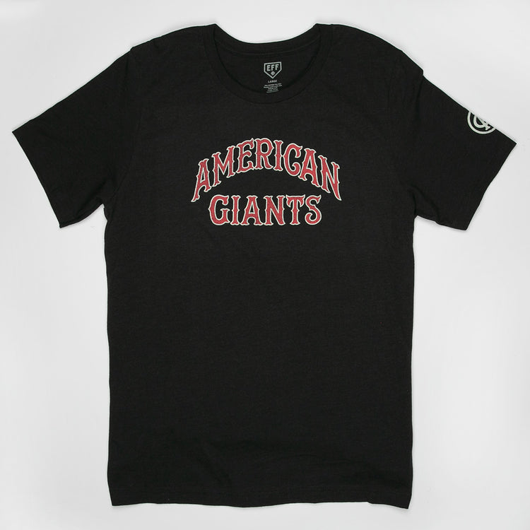 The EFF Chicago American Giants T-Shirt, in black, features bold red and white outlined AMERICAN GIANTS lettering across the chest, honoring the legendary Negro League team. Shown laid flat on a white background.