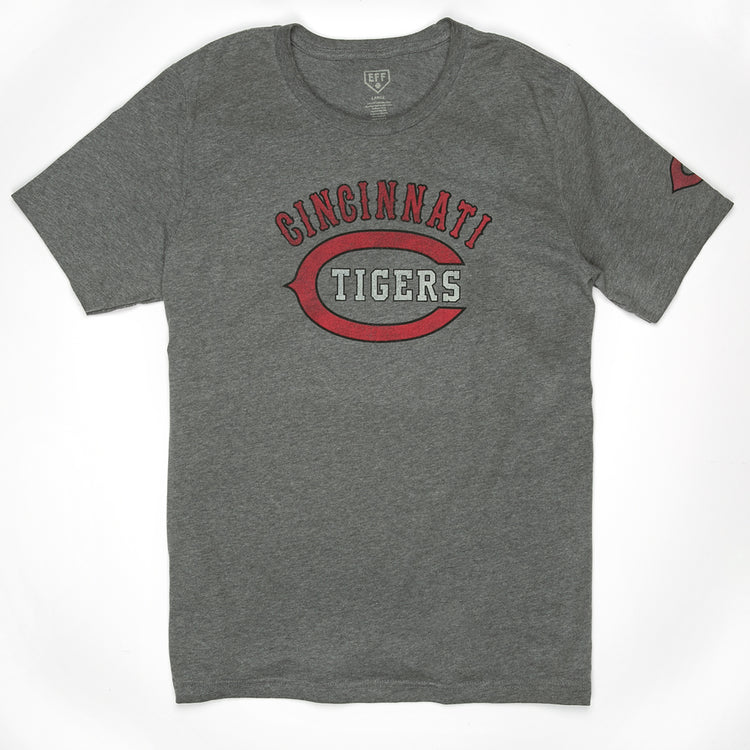 The EFF Cincinnati Tigers 1934 T-Shirt is a gray tee featuring Cincinnati Tigers in red and white letters and a large red C, honoring the legendary Negro American League team.