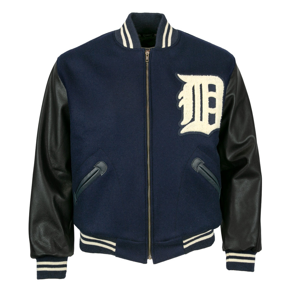 Detroit Tigers Bomber Navy Blue Leather Jacket
