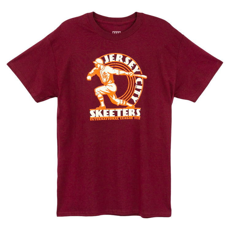 EFF Jersey City Skeeters 1933 T-Shirt in maroon features a vintage baseball player graphic with Jersey City Skeeters International League 1933 in white and orange—ideal for historic team apparel fans.