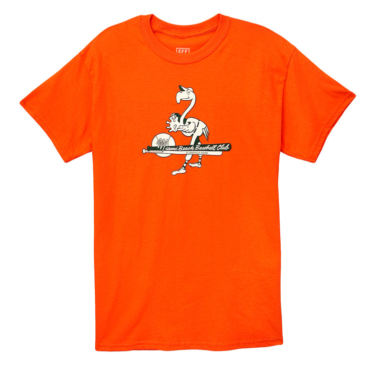 The EFF Miami Beach Flamingos 1954 T-Shirt is a bright orange tee with a cartoon flamingo holding a bat and glove, plus Miami Beach Flamingos Baseball Club text—a tribute to classic Florida International League teams.