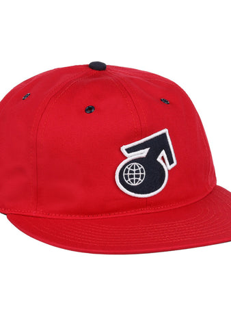 The Ebbets Field Seattle Rainiers MiLB Cotton Ballcap is a red cap with a black and white embroidered masculine symbol and globe logo on the front.