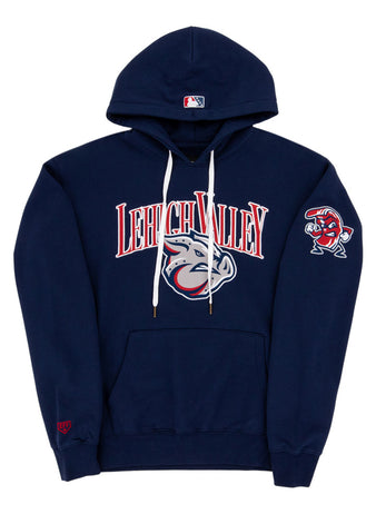 The Ebbets Field Lehigh Valley Ironpigs MiLB Cotton Hooded Sweatshirt is a navy hoodie with 