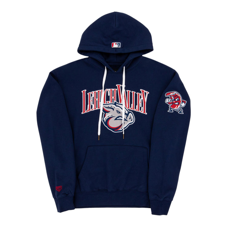The Ebbets Field Lehigh Valley Ironpigs MiLB Cotton Hooded Sweatshirt is a navy hoodie with 