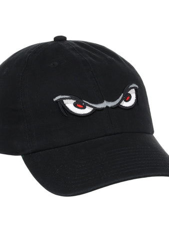 The Lake Elsinore Storm MiLB Dad Ballcap by Ebbets Field features a black design with embroidered angry cartoon eyes and red pupils on the front.