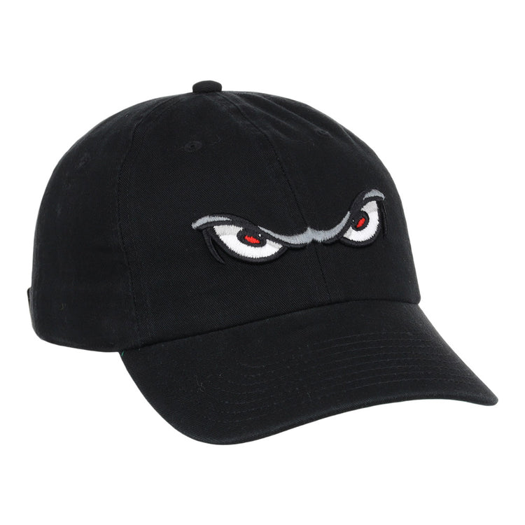 The Lake Elsinore Storm MiLB Dad Ballcap by Ebbets Field features a black design with embroidered angry cartoon eyes and red pupils on the front.