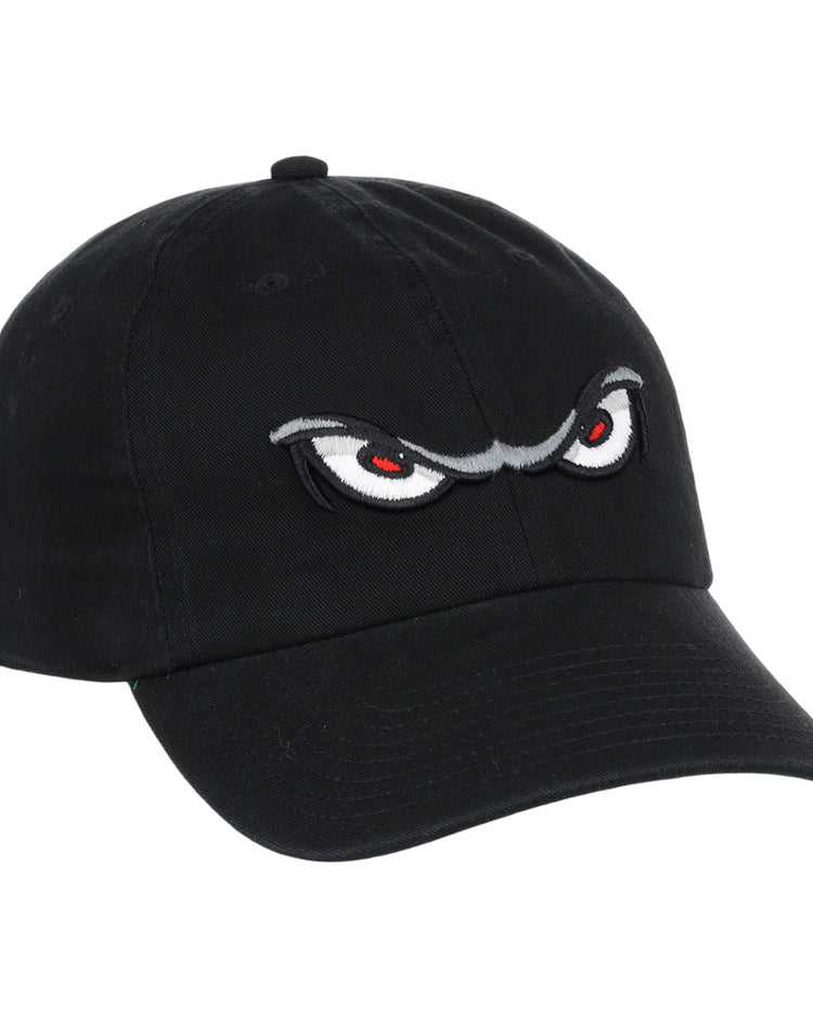 The Lake Elsinore Storm MiLB Dad Ballcap by Ebbets Field features a black design with embroidered angry cartoon eyes and red pupils on the front.