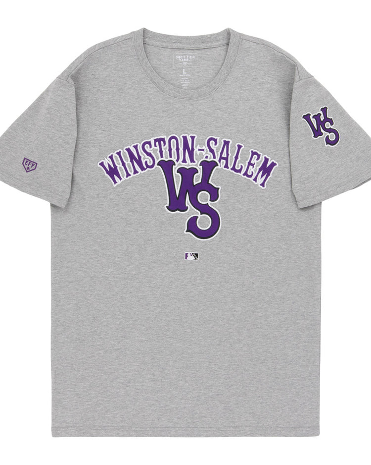 The Ebbets Field Winston-Salem Dash MiLB Fashion Cotton Short Sleeve Tee is gray, with 