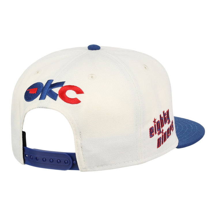 The Ebbets Field Oklahoma City 89Ers MiLB Logo Wordmark Snapback Ballcap features a white crown, blue brim and snap closure, 