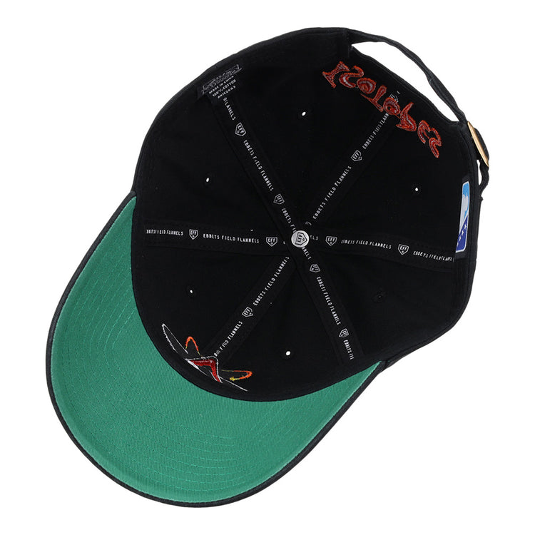 Ebbets Field Albuquerque Isotopes MiLB Dad Ballcap shown from below, with a green underbill, embroidered inner crown logo, visible brand labels and taping inside, plus a size sticker on the sweatband.