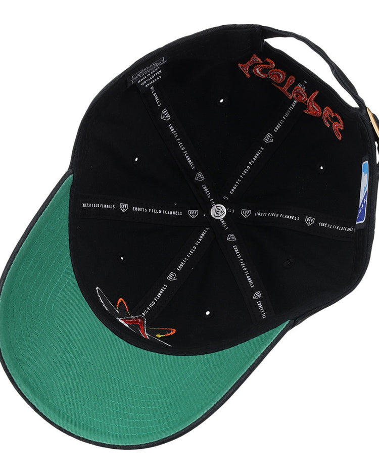 Ebbets Field Albuquerque Isotopes MiLB Dad Ballcap shown from below, with a green underbill, embroidered inner crown logo, visible brand labels and taping inside, plus a size sticker on the sweatband.