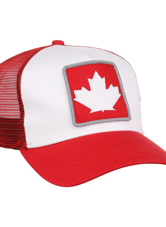 The Vancouver Canadians MiLB Trucker Ballcap by Ebbets Field is a red and white mesh-back hat with a front patch featuring a red maple leaf, representing Canada.