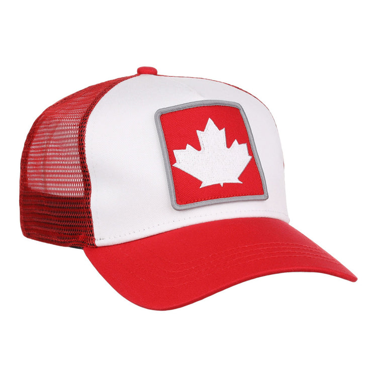 The Vancouver Canadians MiLB Trucker Ballcap by Ebbets Field is a red and white mesh-back hat with a front patch featuring a red maple leaf, representing Canada.