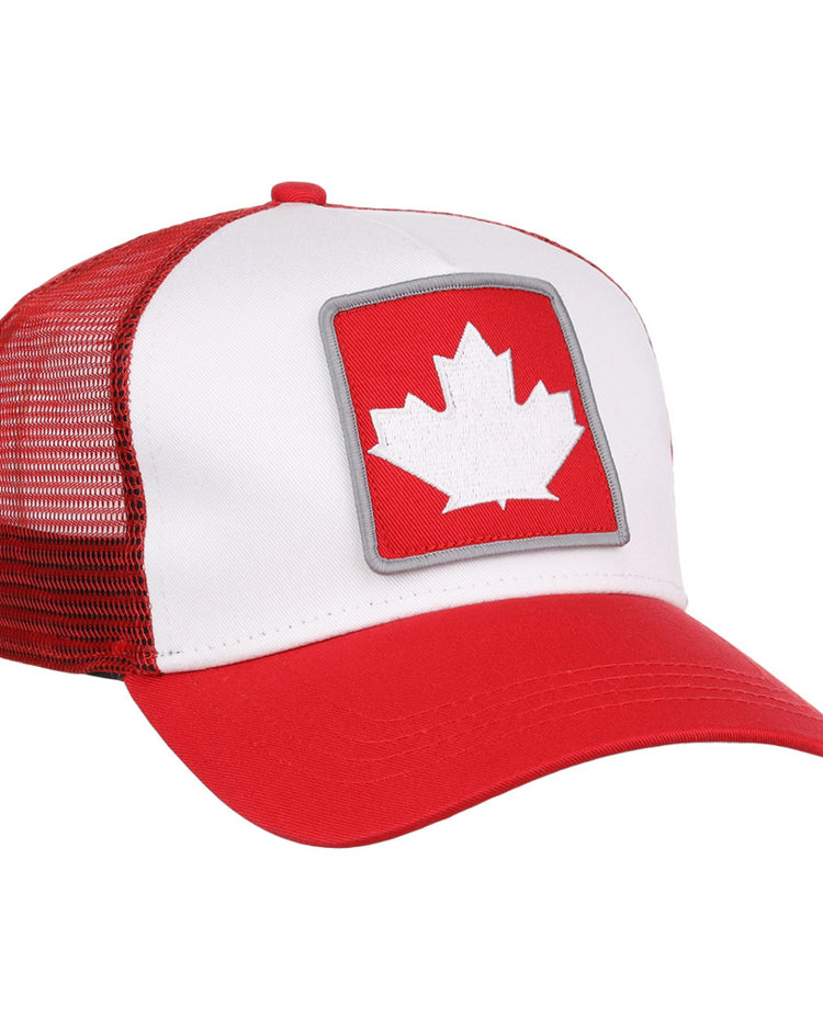 The Vancouver Canadians MiLB Trucker Ballcap by Ebbets Field is a red and white mesh-back hat with a front patch featuring a red maple leaf, representing Canada.