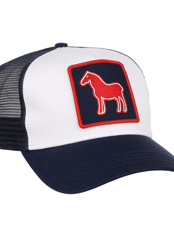 The Ebbets Field Tacoma Rainers MiLB Trucker Ballcap is a navy blue and white mesh-back hat featuring a red horse outline on a square front patch.