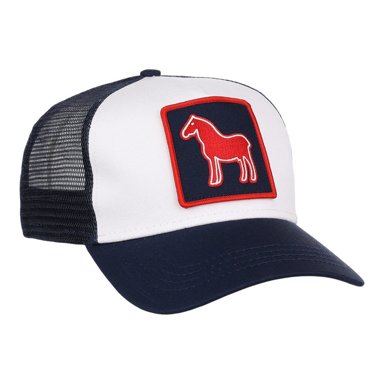 The Ebbets Field Tacoma Rainers MiLB Trucker Ballcap is a navy blue and white mesh-back hat featuring a red horse outline on a square front patch.