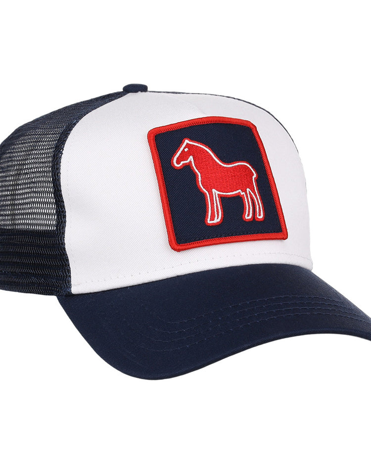 The Ebbets Field Tacoma Rainers MiLB Trucker Ballcap is a navy blue and white mesh-back hat featuring a red horse outline on a square front patch.