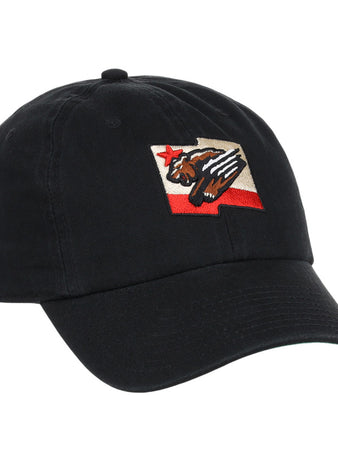 The Fresno Grizzlies MiLB Dad Ballcap by Ebbets Field is a black cap featuring a patch with a stylized bear, red star, and red stripe, inspired by the California state flag design.