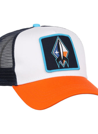 The Ebbets Field Sugarland Space Cowboys MiLB Trucker Ballcap features a white front, navy mesh back, and bright orange brim with a patch showing a stylized rocket ship on the front.