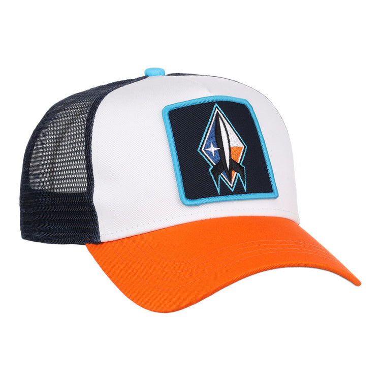 The Ebbets Field Sugarland Space Cowboys MiLB Trucker Ballcap features a white front, navy mesh back, and bright orange brim with a patch showing a stylized rocket ship on the front.