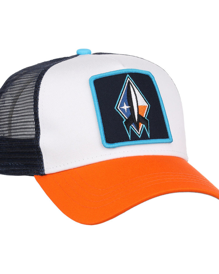 The Ebbets Field Sugarland Space Cowboys MiLB Trucker Ballcap features a white front, navy mesh back, and bright orange brim with a patch showing a stylized rocket ship on the front.