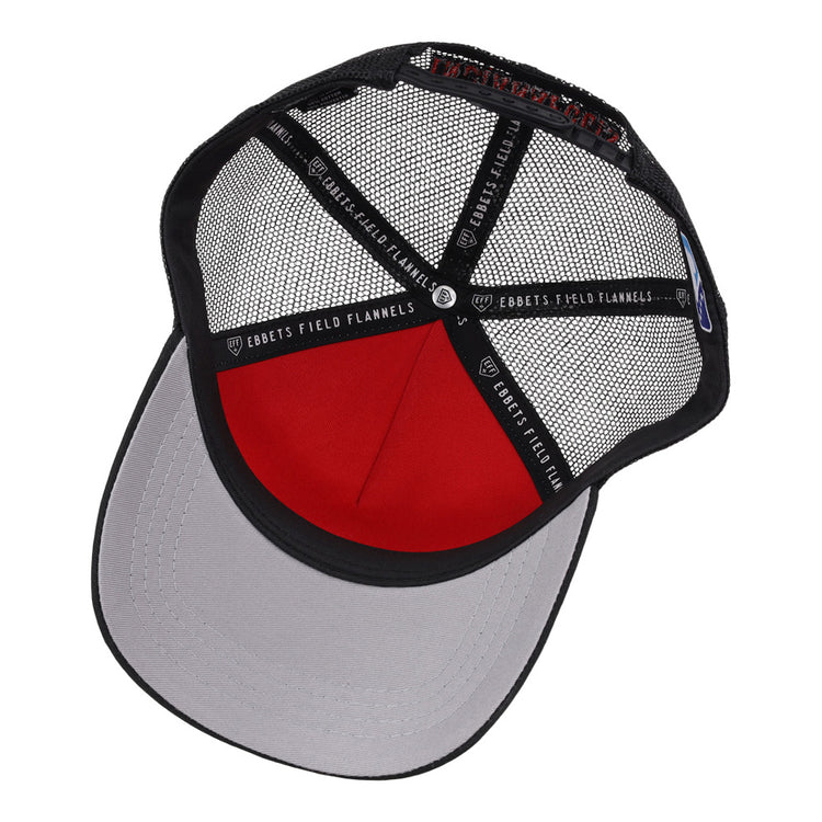 The Indianapolis Indians MiLB Trucker Ballcap by Ebbets Field features a red front panel, black mesh back, gray underbill, and inner black bands branded with EBBETS FIELD FLANNELS.