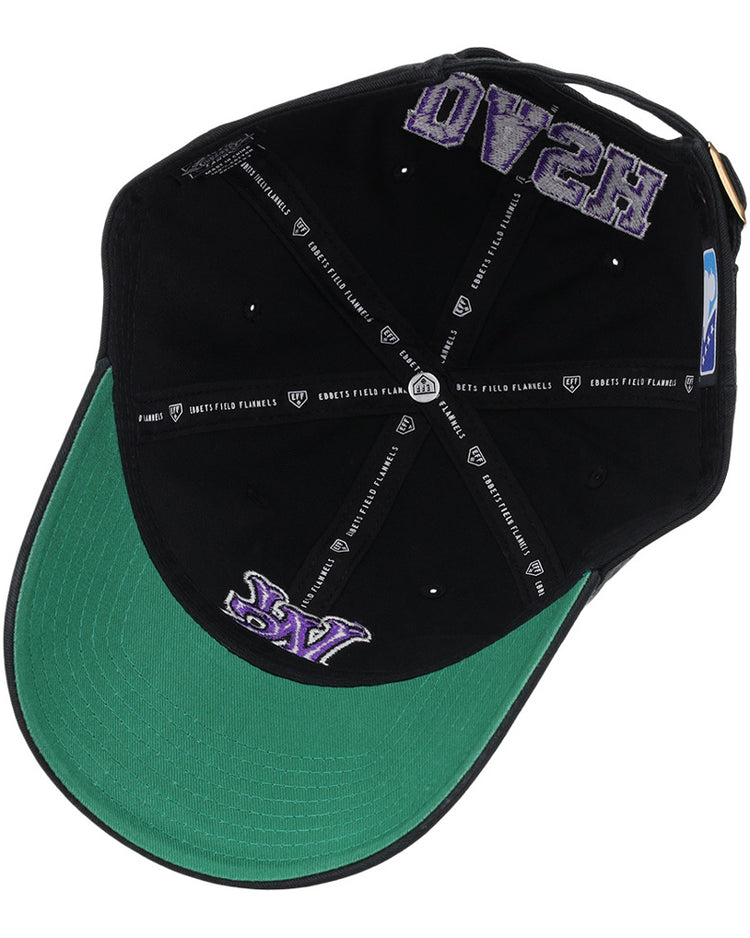 The Winston-Salem Dash MiLB Dad Ballcap by Ebbets Field is shown inside-out, featuring a green underbill, purple “LA” embroidery near the brim, and white text plus logos along the inner seams.