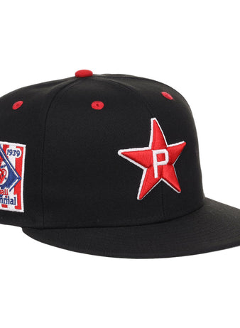 The Ebbets Field Philadelphia Stars NLB Varsity Fitted Ballcap is black, features a white 