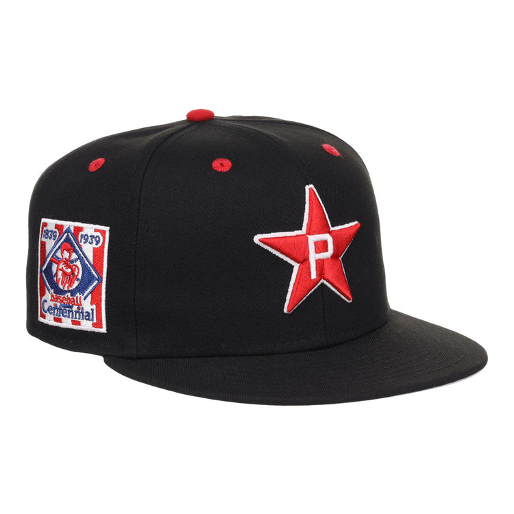 The Ebbets Field Philadelphia Stars NLB Varsity Fitted Ballcap is black, features a white 