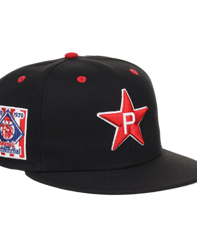 The Ebbets Field Philadelphia Stars NLB Varsity Fitted Ballcap is black, features a white 
