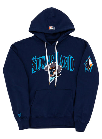 The Ebbets Field Sugarland Space Cowboys MiLB Cotton Hooded Sweatshirt is navy blue with 