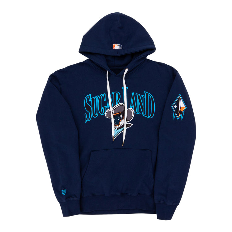 The Ebbets Field Sugarland Space Cowboys MiLB Cotton Hooded Sweatshirt is navy blue with 