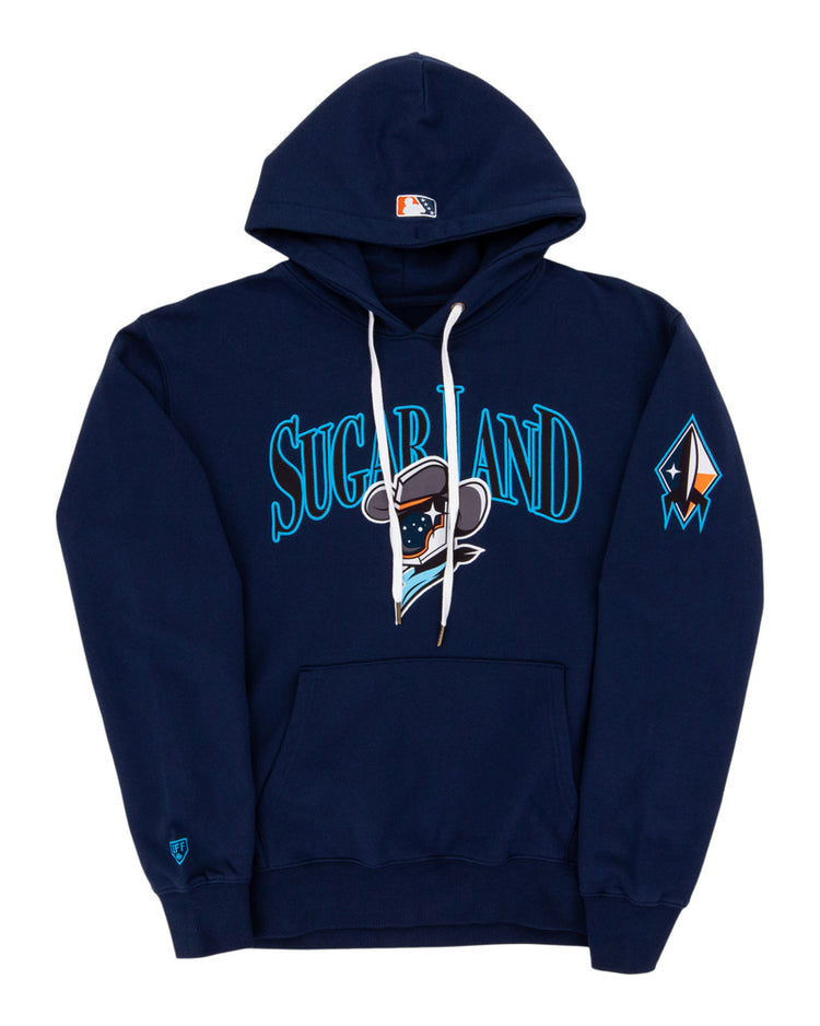 The Ebbets Field Sugarland Space Cowboys MiLB Cotton Hooded Sweatshirt is navy blue with 