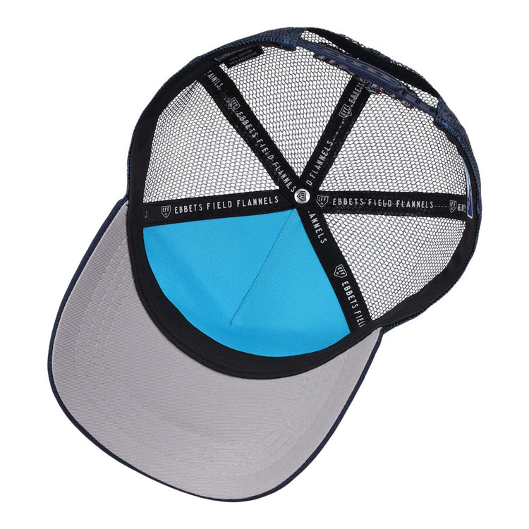 A view of the inside of an Amarillo Sod Poodles MiLB Trucker Ballcap by Ebbets Field, featuring black mesh panels, a light blue front panel, a wide gray brim, and black trim with white 