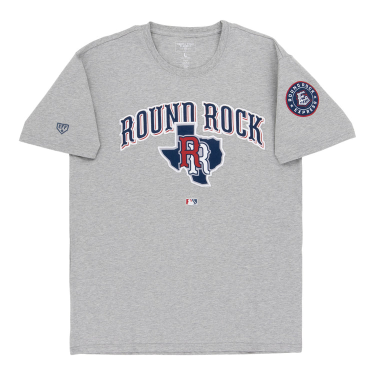 The Ebbets Field Round Rock Express MiLB Fashion Cotton Short Sleeve Tee is a gray shirt with 