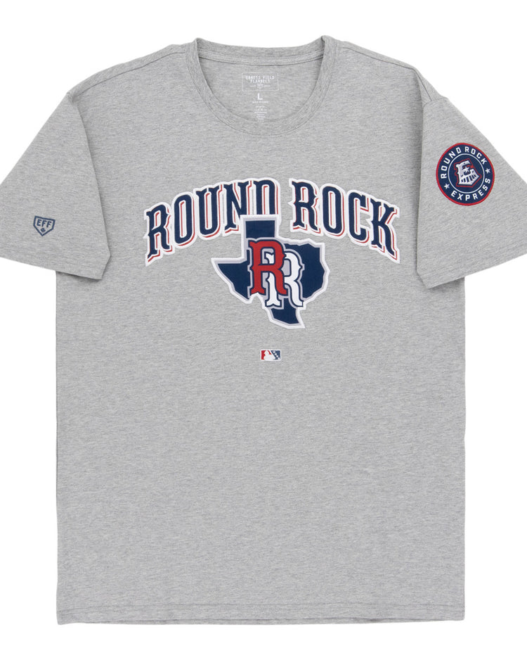 The Ebbets Field Round Rock Express MiLB Fashion Cotton Short Sleeve Tee is a gray shirt with 